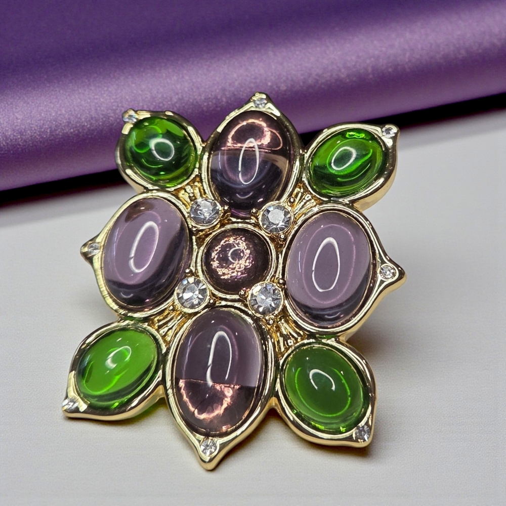 Huge Gold Plated Catwalk Jon Maltese Cross Glass Cabochon Statement Ring